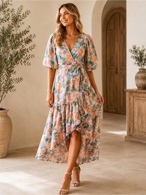 entro Pastel Floral High-Low Wrap Dress